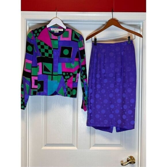 Vintage Anne Crimmins 100% Purple Silk Skirt Suit sz 8 - Picture 1 of 6